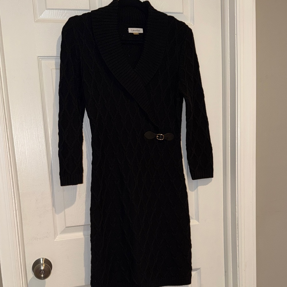 Calvin Klein Cable Knit Shawl Collar Buckle Sweater Dress M - Picture 8 of 16